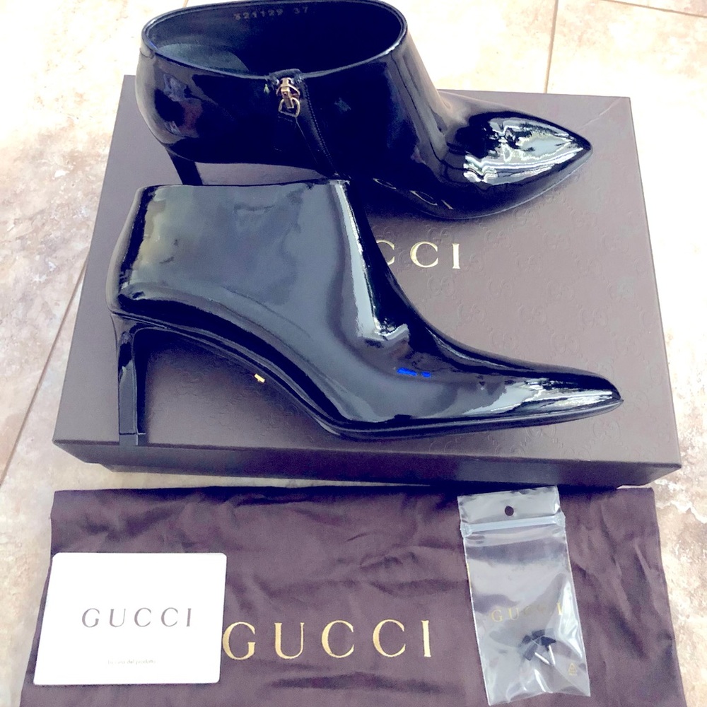 Authentic New In Box Gucci Vernice Crystal Nero Ankle Booties Size 7